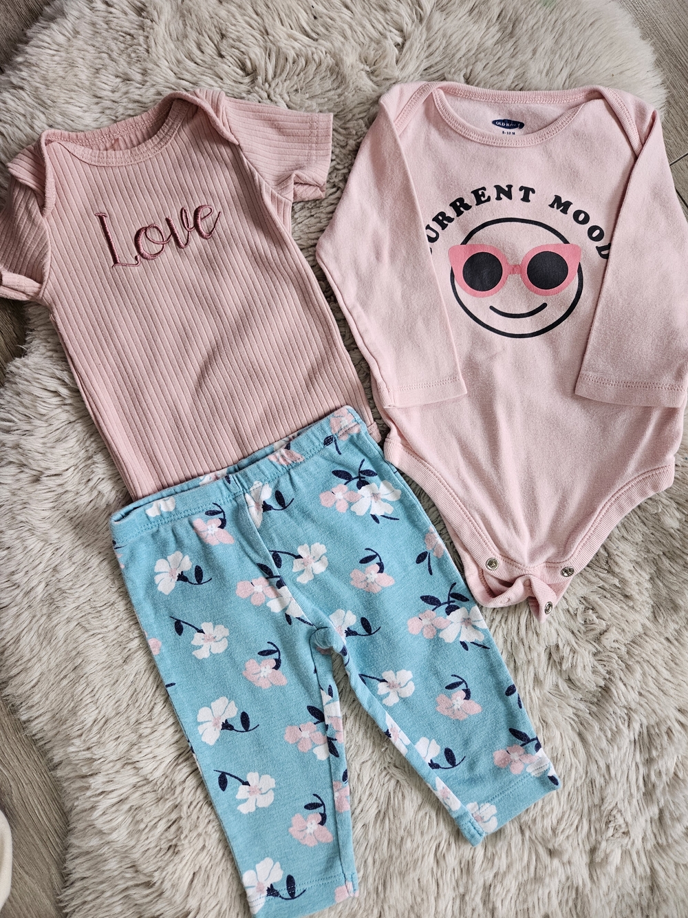 Baby Girl Outfit Set 3Pc Long Sleeve Bodysuit Ribbed Romper Floral Pants 6-12M